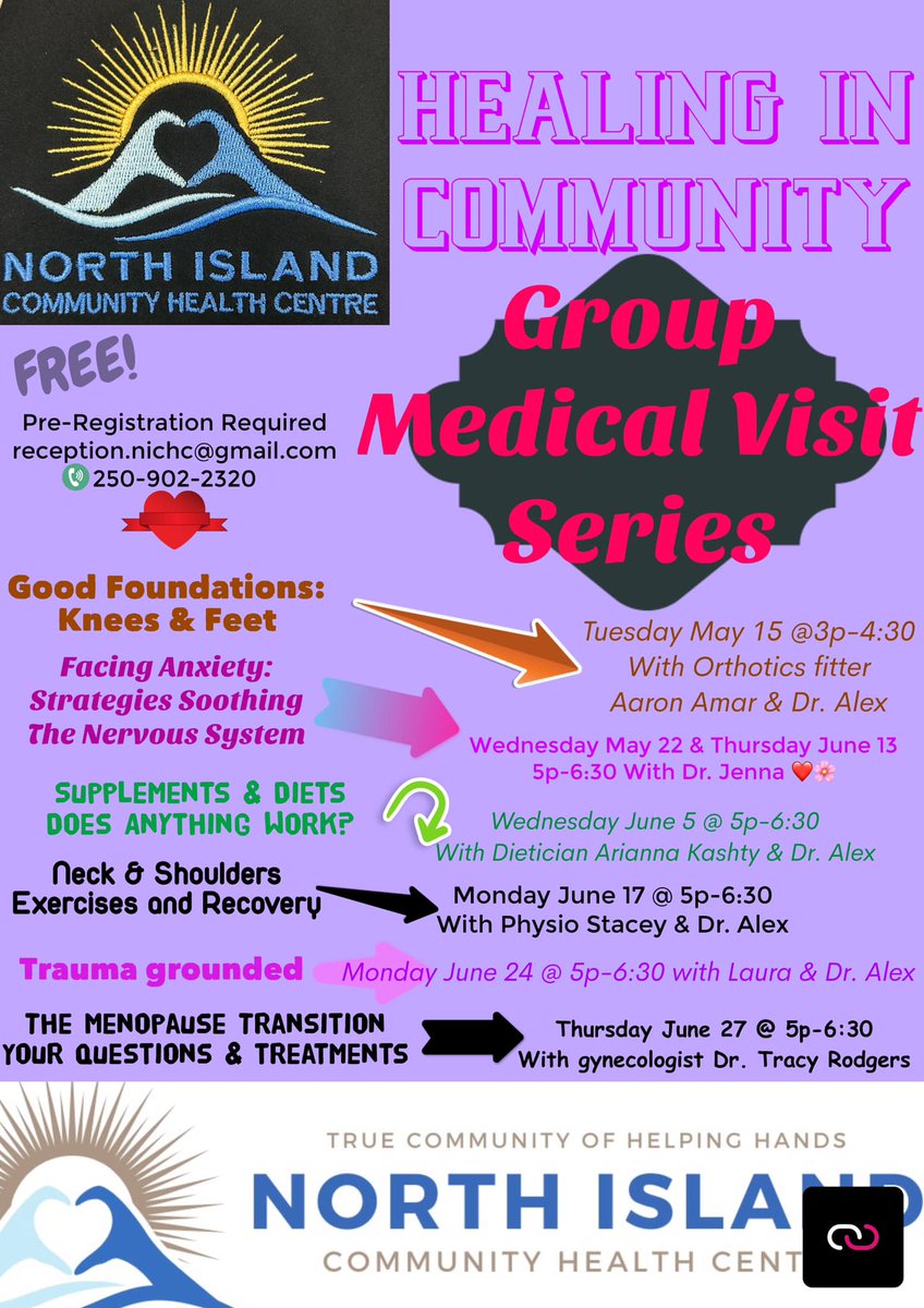Hot Off The Presses! Our upcoming Group Medical Visit series🤩 Feat. our incredible team members incl gyne Dr. Tracy Rodgers, Dr. Jenna Creaser, @alexnatarosMD, our dietician, physiotherapist & orthotics fitter Sessions Will fill up - email reception.nichc@gmail.com to register