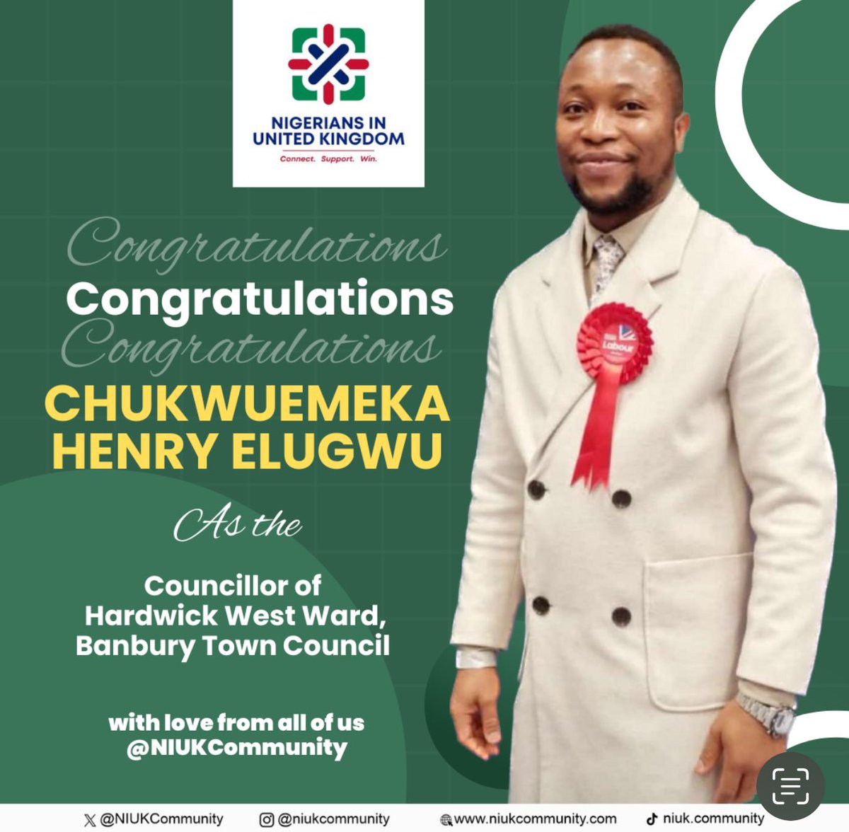 Congratulations to our brother, Chukwuemeka Henry Elugwu, on his victory as Councillor of Hardwick West Ward, Banbury Town Council.