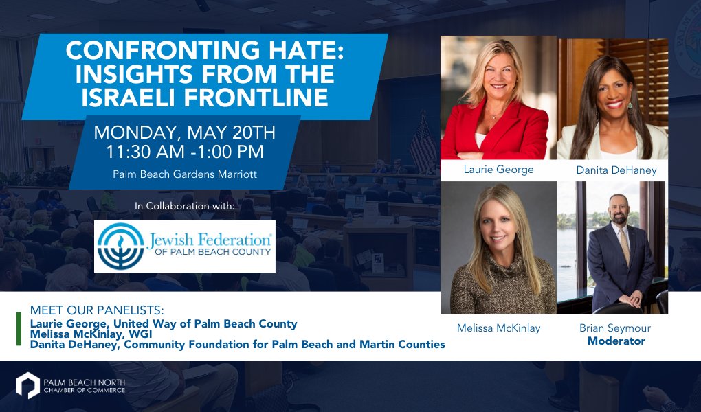 Join our President & CEO, Danita R. DeHaney, for a @pbnchamber & @JewishPalmBeach panel discussion 'Confronting Hate: Insights from the Israeli Frontline' with @unitedwaypbc, @WGI & @GunsterLaw on 5/20 at 11:30 a.m. EDT at @MarriottPBG. Register now: bit.ly/3wklOj9