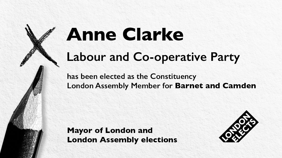 Anne Clarke has been elected as the Constituency London Assembly Member for Barnet and Camden. #LondonVotes