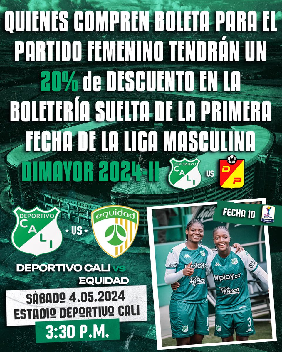 ⚠️ Quienes adquieran su boleta para el partido de hoy ante Equidad, pueden acceder a un 20% de descuento en la boletería suelta para el partido del equipo masculino de la primera fecha de la Liga 2024-II ante Pereira. 🎟️ bit.ly/4biBrpZ