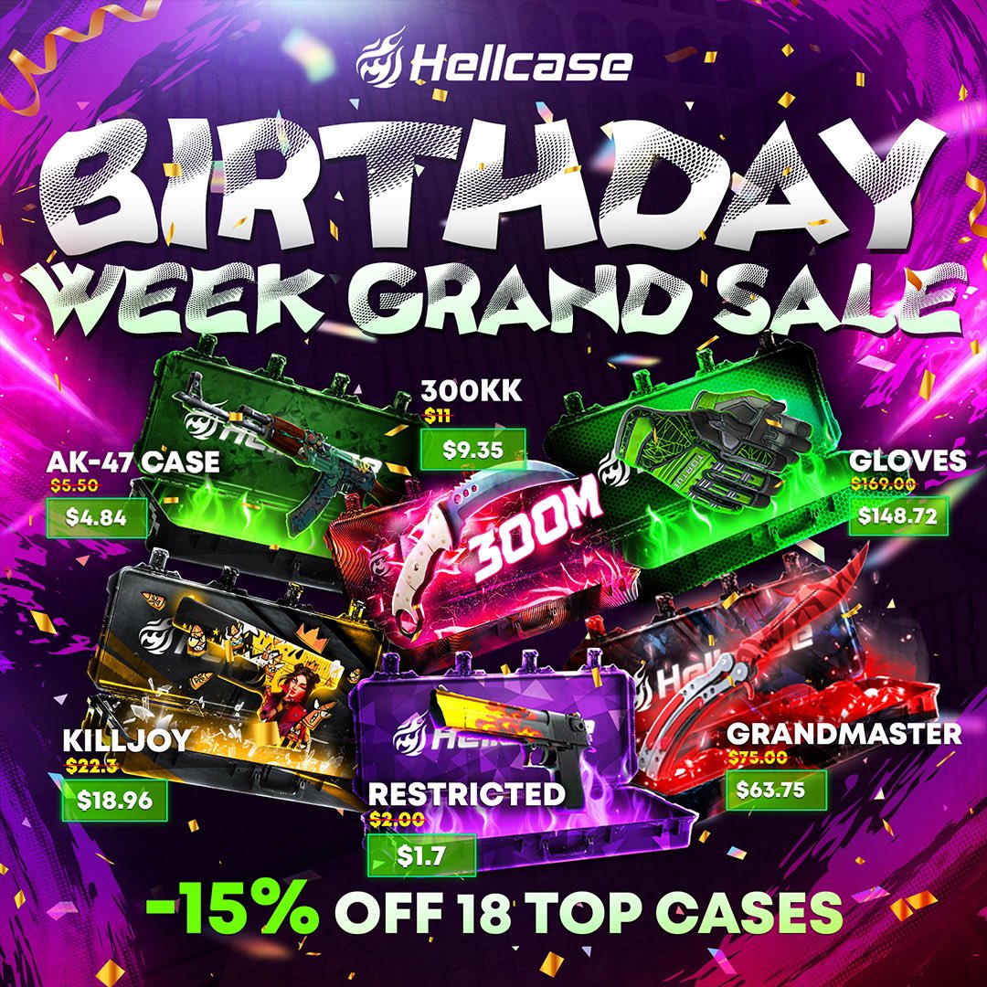 Hellcase Birthday celebration is in full swing, and to spice things up even more we are launching a grand sale! Get 18 incredible cases from different price categories at a -15% discount right now & enjoy the finest drop ❤️‍🔥 This offer is time-limited, hurry up -…