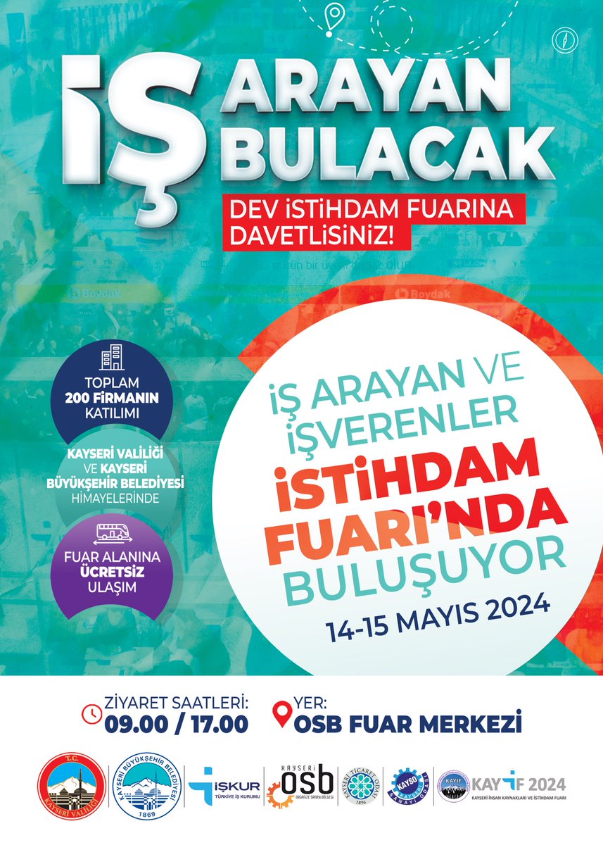 İş Arayan ve İş Verenler İstihdam Fuarında Buluşuyor! Kayseri İnsan Kaynakları İstihdam Fuarı 14-15 Mayıs tarihlerinde Kayseri OSB Fuar Merkezi'nda düzenlenecektir @tcmeb @kayserivaliligi @gokmen_cicek_ @KayseriBSB @baskanmemduhbyk @BahameddinK