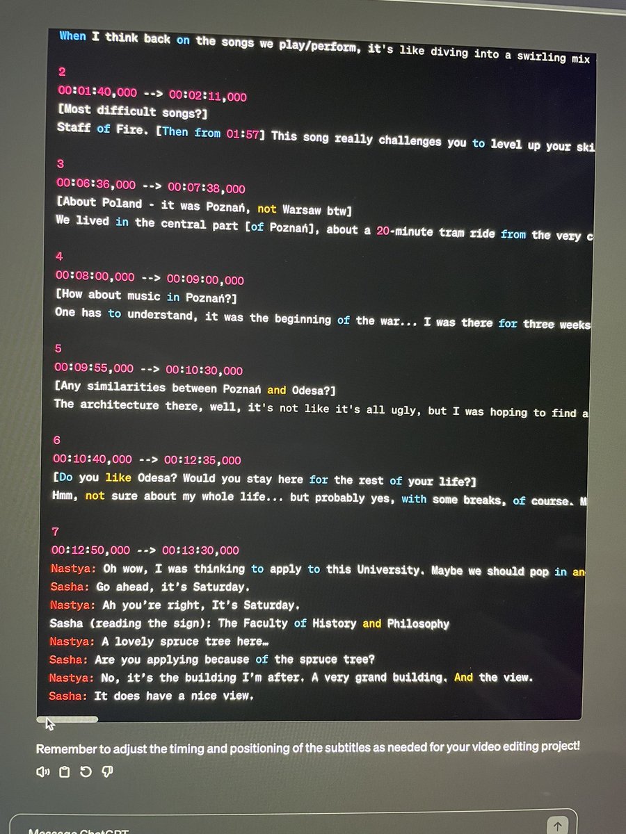 Just found that ChatGPT can automate basically any rough transcript into SRT format. Incredibly useful. Anyone know of any other painful edit tasks it can solve? #postchat