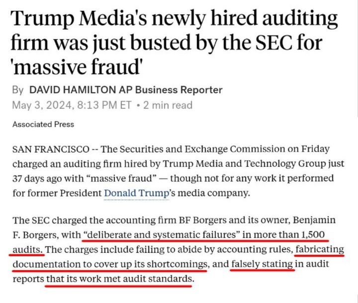 The next shoe to drop is when the SEC starts investigating why clients chose this obviously corrupt audit firm to 'corroborate' their books. And that will eventually lead back to Mr Trump for a classic IPO 'pump & dump' fraud investigation.