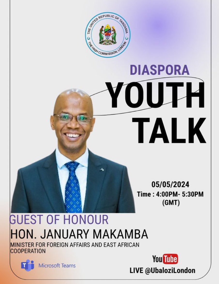 🇹🇿🇬🇧 Minister of Foreign Affairs and East Africa Cooperation, H. E. @JMakamba will be the Guest of Honour during the 𝗗𝗶𝗮𝘀𝗽𝗼𝗿𝗮 𝗬𝗼𝘂𝘁𝗵 𝗧𝗮𝗹𝗸 to be held tomorrow 📆May 05th, 2024 at ⏰1600Hours (EAT) The event will be hosted by the Tanzania High Commission in London,…