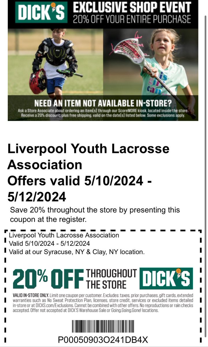 Jason Fasulo (@fasulojason) on Twitter photo LYLA and Dickās Sporting Goods have your solution for the perfect Motherās Day gift (hint, hint)! Save 20% store-wide next weekend (5/10-5/12). Each purchase helps support our program, and Mom is happy! <a href="/LpoolYouthLax/">LpoolYouthLax</a> <a href="/LaxSplash_LPool/">LaxSplash at the āPool</a> <a href="/LpoolGirlsLax/">Liverpool Girls Lax</a> <a href="/LpoolHSBoysLax/">Liverpool Boys Lax</a> LYLA and Dickās Sporting Goods have your solution for the perfect Motherās Day gift (hint, hint)! Save 20% store-wide next weekend (5/10-5/12). Each purchase helps support our program, and Mom is happy! <a href="/LpoolYouthLax/">LpoolYouthLax</a> <a href="/LaxSplash_LPool/">LaxSplash at the āPool</a> <a href="/LpoolGirlsLax/">Liverpool Girls Lax</a> <a href="/LpoolHSBoysLax/">Liverpool Boys Lax</a>