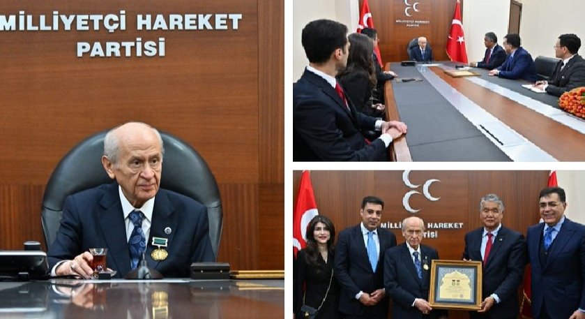 Türk dünyasının bilge lideri Devlet Bahçeli'ye Ahmed Cavad Onur Madalyası takdim edildi Azerbaycan Milli Marşı ve Çırpınırdın Karadeniz söz yazarı Ahmed Cevad'ın doğumunun 132 yılına ithafen Uluslararası Türk Kültürü Teşkilatı TÜRKSOY ve Ahmed Cavad ailesi liderimizi ziyaret etti