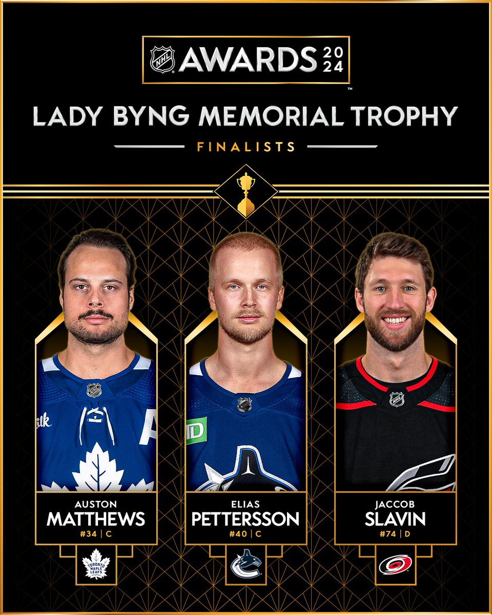 Auston Matthews, Elias Pettersson and Jaccob Slavin are the three finalists for the 2023-24 Lady Byng Memorial Trophy. #NHLAwards media.nhl.com/public/news/17…