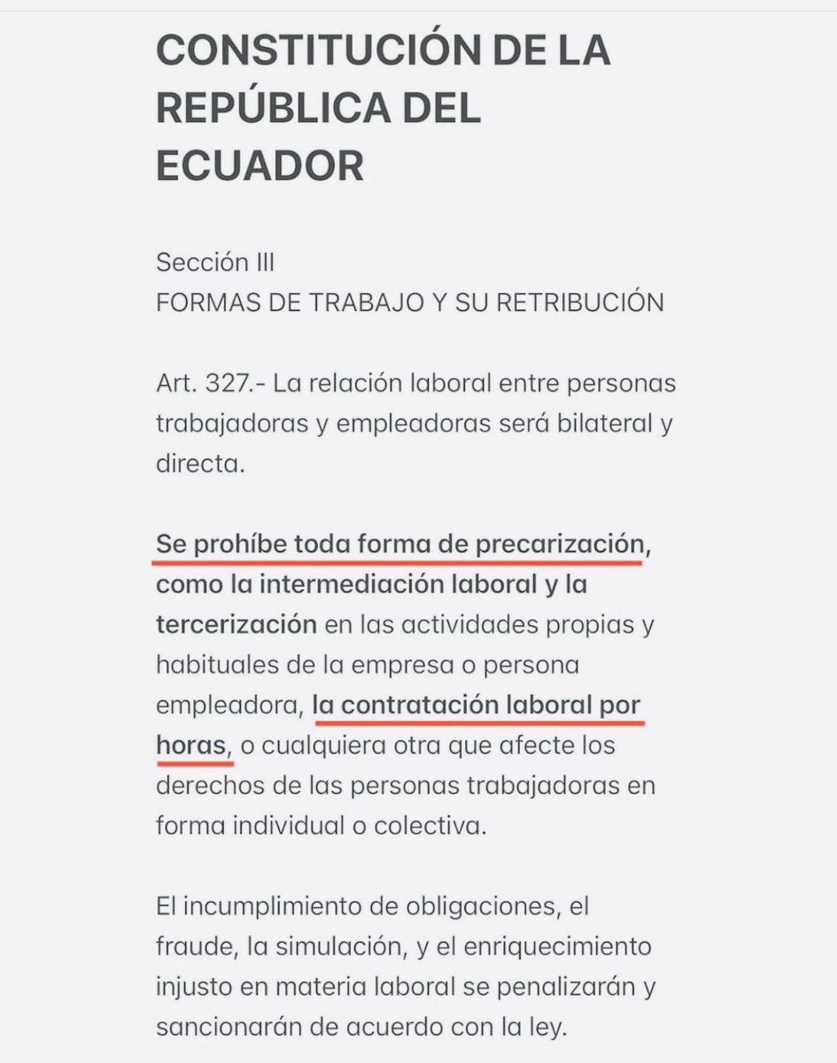 No puede el gobierno de NOBOA mediante un Acuerdo del Ministerio de Trabajo, ni tampoco la Asamblea Nacional, poner el contrato a plazo fijo y por horas, porque cambiaria el art. 327 de la Constitución. El mismo gobierno en el anexo de la pregunta sobre los contratos a plazo…