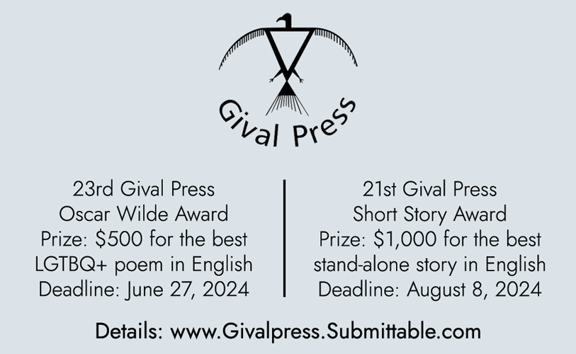 Deadline Jun 27: Gival Press Oscar Wilde Award; poets 18+ may submit unpublished poems which relate LGBTQ+ life; win $500 and online publication; fee: $20 for 1-3 poems givalpress.submittable.com/submit/287252/… with @submittable HT @poetswritersinc