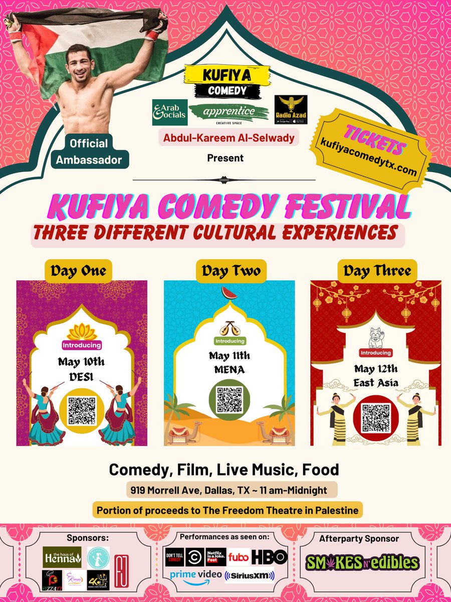Howdy, Dallas! 

We are thrilled to host the first Kufiya Comedy Festival next weekend. Join us at Apprentice Creative Space in Oak Cliff for three days of comedy, dance, film, and more. 

See all our upcoming events and get tickets at our website.

apprenticeoakcliff.spaces.nexudus.com/events