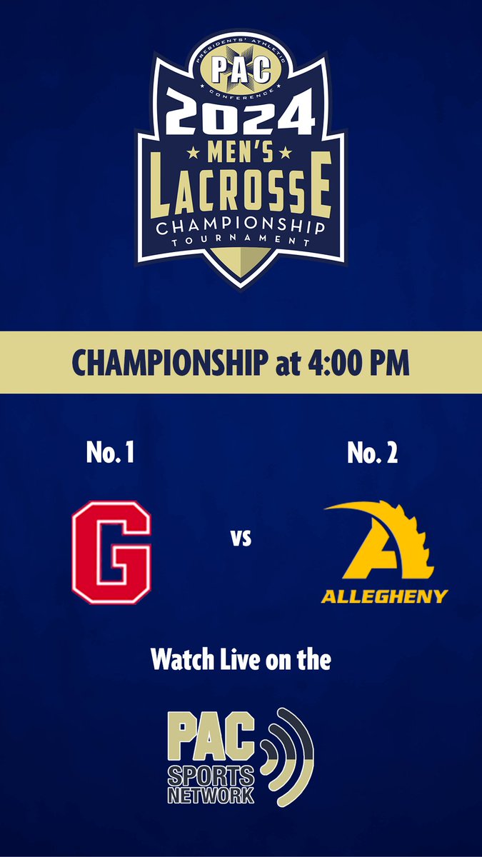 Finally we will crown a Men's Lacrosse Champion today at 4pm in Grove City, Pa. as the No. 1 @GCC_Wolverines face the No. 2 @ACGatorSports in the title match. Catch this and all of the championship the action today at @PACSports pacstream.net/mens-lacrosse/