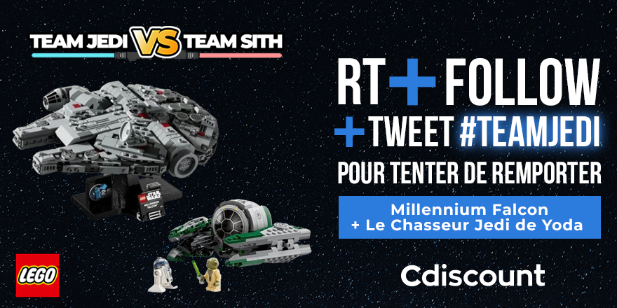 Cdiscount's tweet image. 🎁 #Concours #StarWarsDay
La force est présente dans ce post ! Mais quel camp vaincra ?
La team la plus forte remportera les prix !

Pour tenter ta chance : 
✔️ RT + FOLLOW @Cdiscount + TWEET #TeamJedi
🍀 TAS le 06/05

(Plutôt Team Sith ? ➡️ @Cdiscountgaming)