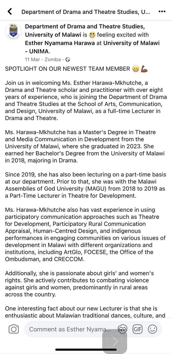 I'm excited to share that I started a new job as a Lecturer in Drama and Theatre Studies at the Department of Drama and Theatre Studies, University of Malawi, on April 2, 2024.