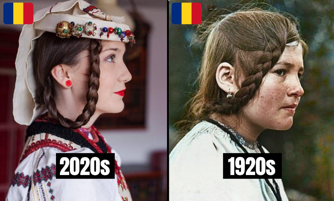 Two Romanian women almost hundred years apart wearing a traditional hairstyle from Transylvania.