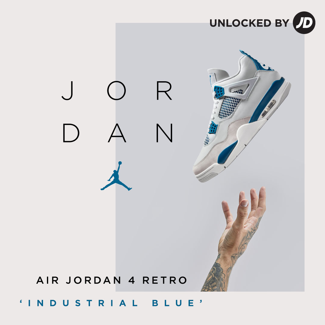 The highly anticipated #AirJordan 4 Retro in 'Industrial Blue' is finally here. 🔥 Don't miss out on this must-have shoe. Get yours now! ➡️ finl.co/1plo