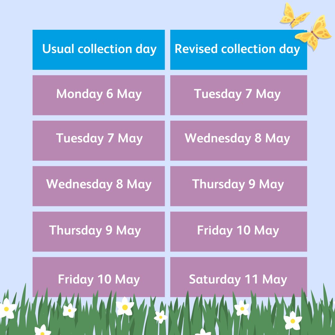 ‼️ 𝗖𝗵𝗮𝗻𝗴𝗲𝘀 𝘁𝗼 𝗯𝗶𝗻 𝗰𝗼𝗹𝗹𝗲𝗰𝘁𝗶𝗼𝗻𝘀 𝟔 𝗠𝗮𝘆 𝘁𝗼 𝟭𝟭 𝗠𝗮𝘆

Bin collections will take place a day later due to the early May bank holiday on Monday 6 May. Normal service will resume from Monday 13 May. 

Find out more: orlo.uk/w9Ovo