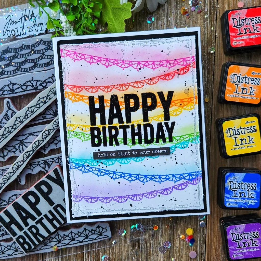 Birthday Card using NEW #timholtzstamps Crochet Trims for rainbow streamers 🌈🎂✨

✂️ #handmade by @luv2papercraft

#crafts #DIY #mixedmedia #stampersanonymous #timholtz #happybirthday