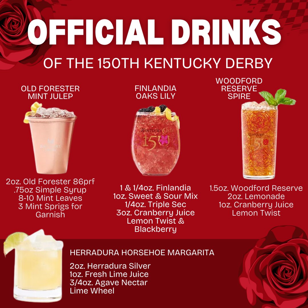 Join the Kentucky Derby celebrations with the official drinks of the 150th Anniversary! From the Classic Mint Julep to the fan-favorite Woodford Reserve Spire and the refreshing Herradura Horseshoe Margarita, there's a cocktail for every race enthusiast!