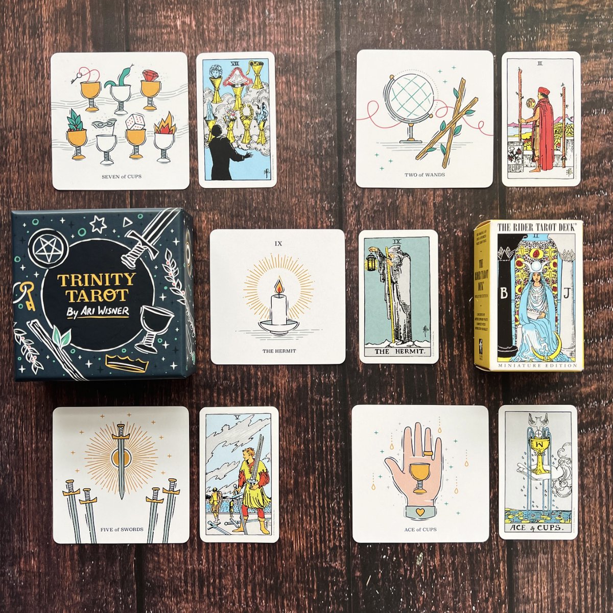 Side-by-side comparison of Trinity Tarot by Ari Wisner and the Mini #RiderWaite Tarot. What do you think of this beautifully concise deck?