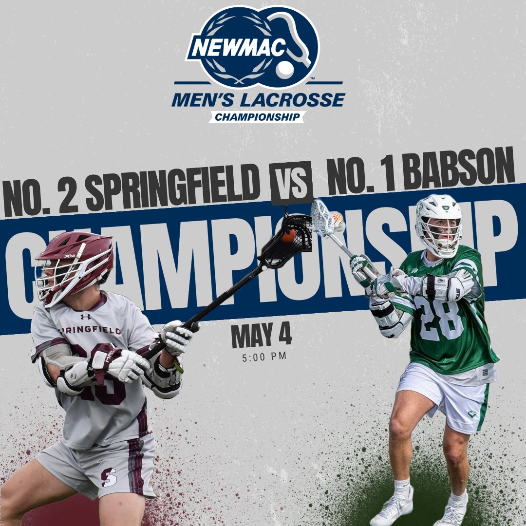 MEN'S LACROSSE CHAMPIONSHIP 🥍 Handing out that hardware today! 🏆 No. 1 @BabsonAthletics will host No. 2 @SC_Pride at 5:00 p.m. in a battle for NEWMAC supremacy. For tix, video & more ➡️ ow.ly/XTAm50RvRrW #GoNEWMAC // #WhyD3