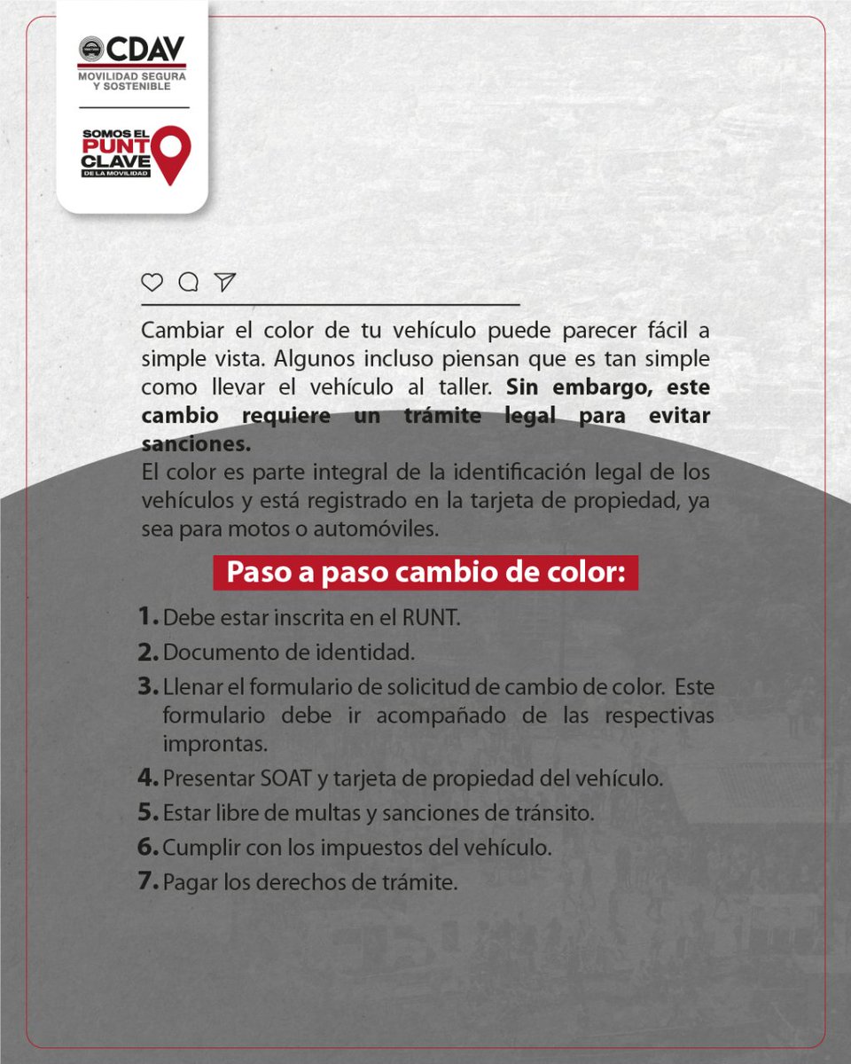 CDAVCali's tweet image. 🤔🚘¿Quieres cambiar el color de tu vehículo sin problemas legales? En el CDAV te enseñamos los trámites para evitar sanciones y mantener tu movilidad sin interrupciones. ¡Descúbrelo aquí en #ElPuntoClave!
📱Conoce más en: serviciosdetransito.com/requisitos-par…