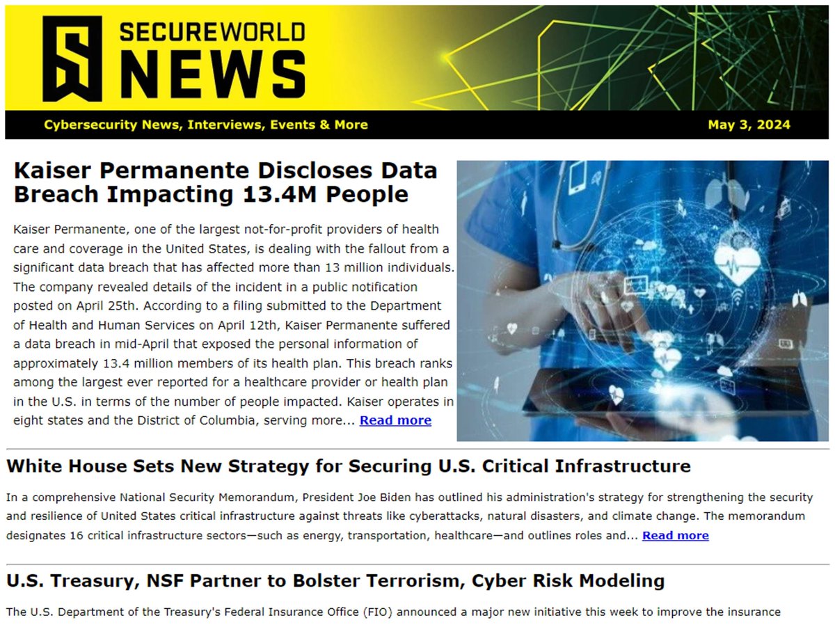 Kaiser Permanente Discloses Data Breach Impacting 13.4 Million People. Read more in this week's #SecureWorld newsletter: hubs.ly/Q02w4p-Q0 SUBSCRIBE to receive #cybersecurity news, interviews, webinars, and more.