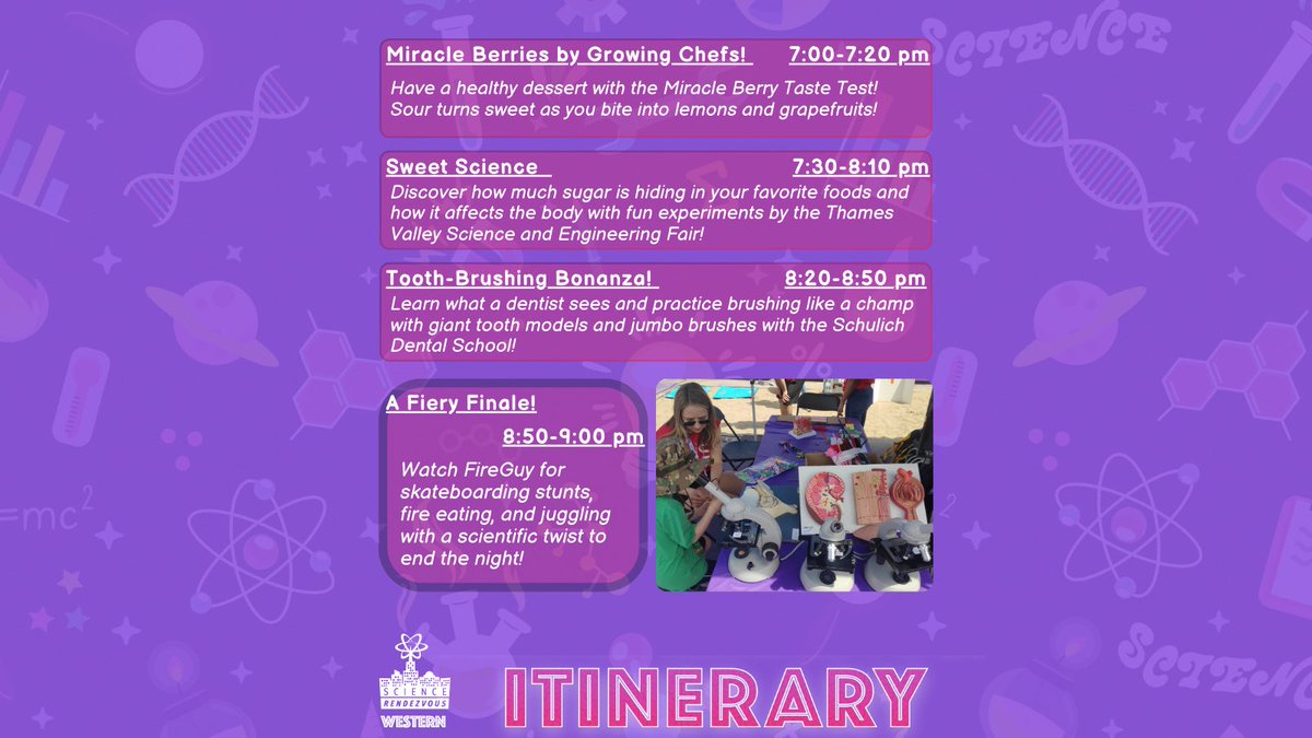 Countdown to #SciRenUWO: 1 week left! 🌟 

Unsure which booths to visit first? 

Check out our featured event itineraries! Today’s itinerary is for the little Anatomy enthusiast wanting to learn how our bodies work! 🦴🧠 

#uwo #ldnont #ScienceRendezvous #STEMactivities #science