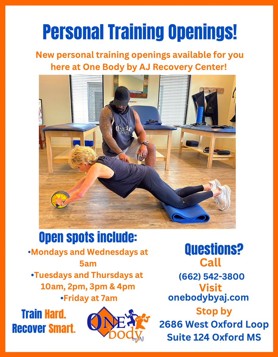 One Body By AJ Recovery Center Have Some Spots Open For Personal Training Or For Small Groups.. Grab Your Spot Today & Allow ONE BODY To Help You Become A Better YOU!!💪🏾❤️💪🏾 #onebodybyaj #faith #lifestyle #personaltrainer #oxfordms #olemiss #fitness #discipline #weightloss