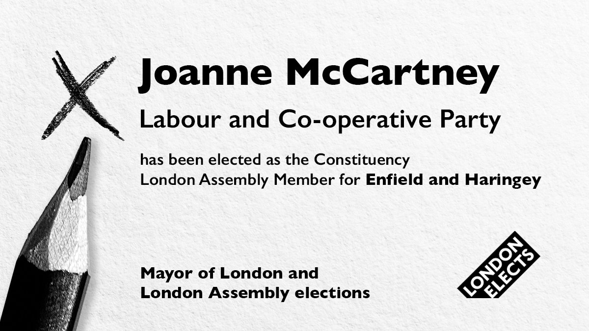 Joanne McCartney has been elected as the Constituency London Assembly Member for Enfield and Haringey #LondonVotes