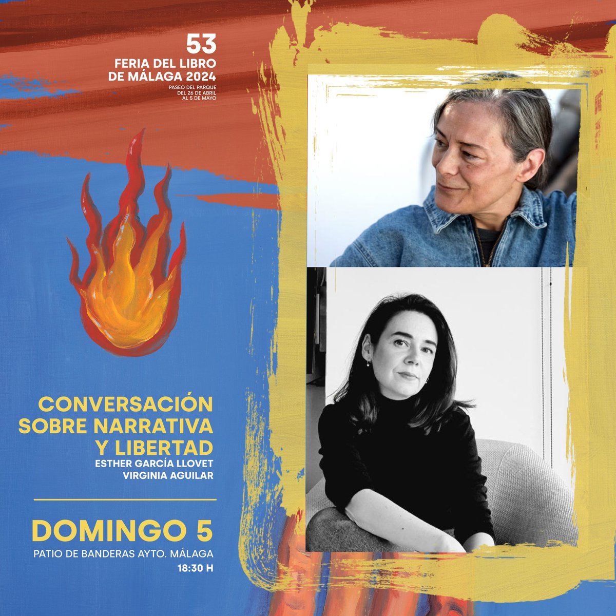 ❤️‍🔥📚 Mañana domingo, 5 de mayo, celebraremos una conversación sobre narrativa y libertad con las escritoras Esther García Llovet y Virginia Aguilar en el Patio de Banderas del Ayuntamiento de @malaga