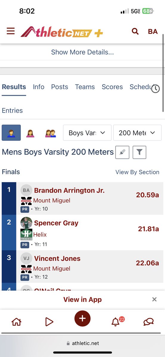 Fastest sophomore in the nation in the 200m