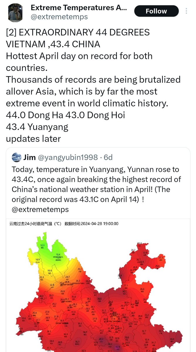 Summer heat hits Asia early, killing dozens as one expert calls it the 'most extreme event' in climate history Um, the most extreme event in climate history? How is that quantified? It's not -- CBS headlines X post by account that exaggerates. cbsnews.com/news/heat-wave…