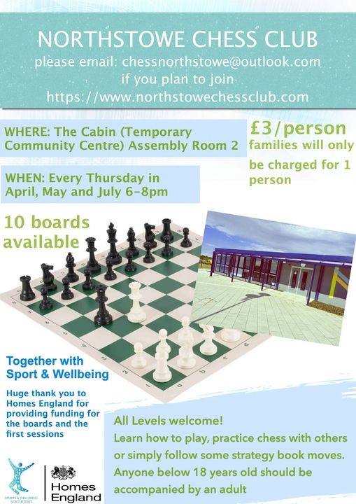 ⬜♜⬛ Northstowe Chess Club is welcoming both experienced players and beginners.

📍 6-8 pm every Thursday in May and June
🗺️ The Cabin, 1 The Green, Pathfinder Way, #Northstowe CB24 1FD

🌐 lght.ly/po2lbk4

👛 £3 per session (family groups are charged as one player)