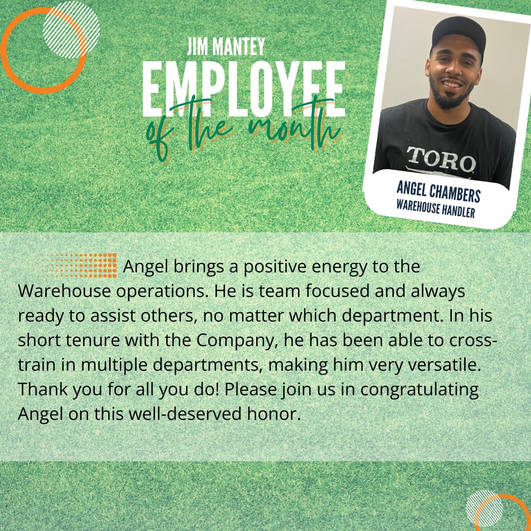 Congratulations to Angel Chambers, Hector Turf’s Warehouse Handler, for being this month's Jim Mantey Employee of the Month! 

#EmployeeOfTheMonth #JimMantey #WescoTurf #HectorTurf #Toro #WhyWesco #LoveWhereYouWork