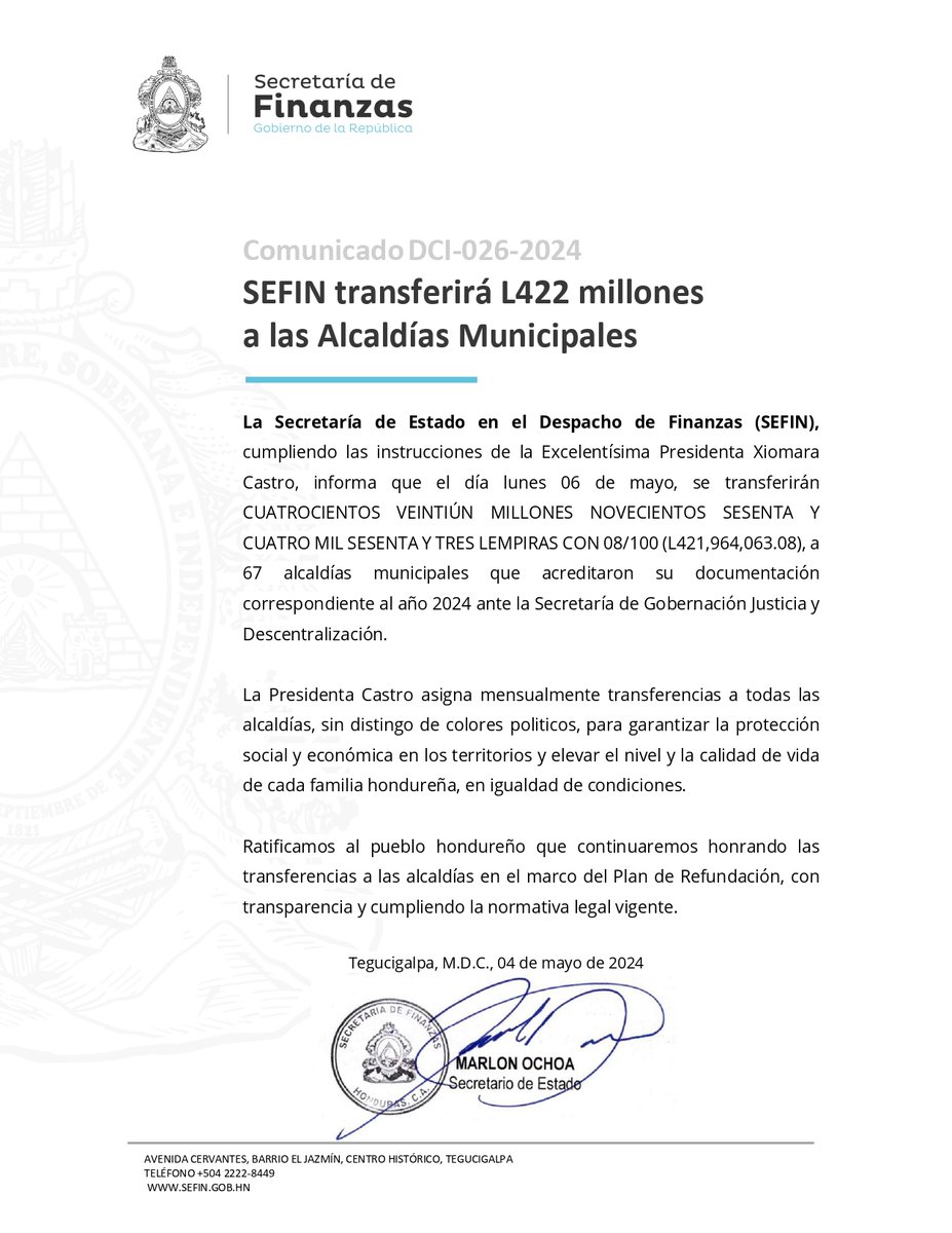 Este lunes 6 de mayo, la SEFIN transferirá L422 millones a las alcaldías municipales. La Presidenta @XiomaraCastroZ asigna mensualmente transferencias sin distingo de colores políticos, para garantizar la protección social y económica de cada familia hondureña.