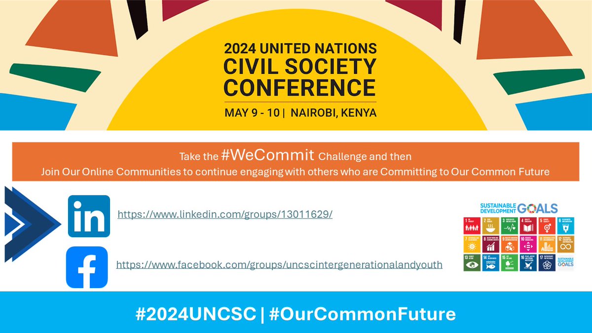 Loads going on with #2024UNCSC, to ensure we continue engaging beyond the conference & turn our commitments into Actions.

Take #WeCommit challenge, then join the campaign Online Communities.

@UNDGC_CSO
@UNYouthAffairs
@UN
#Togetherwearestrong