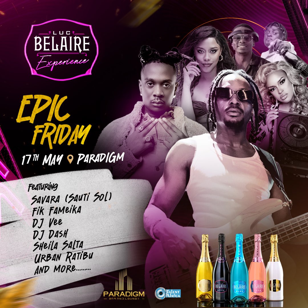 talentafrica's tweet photo. Money talks, but @OfficialBelaire speaks volumes at the #epicfriday
Join us at @Paradigmkla for a night of lavish indulgence, where every sip is a celebration of success this 17th of May.
Get ready to live the high
#lucbelaireexperience
#tagevents https://t.co/1K2DJ8iCgA