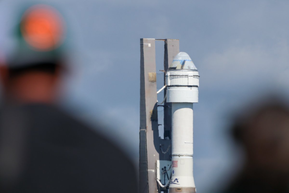Boeing's Starliner spacecraft, sitting atop an Atlas V rocket, rolled to the launch pad this morning at Cape Canaveral Space Force Station ahead of the ship's first test flight with astronauts.