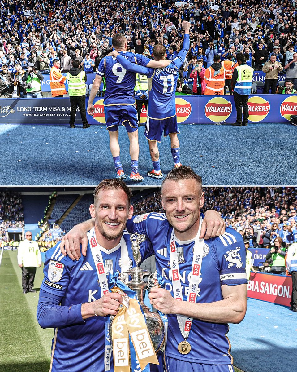 ESPNUK's tweet photo. Jamie Vardy and Marc Albrighton are the only players from Leicester City's 2015-16 Premier League winning team that are still in the current squad.

They remained with the club even after being relegated last season and are now heading back to the top flight as champions.

Loyal 💙