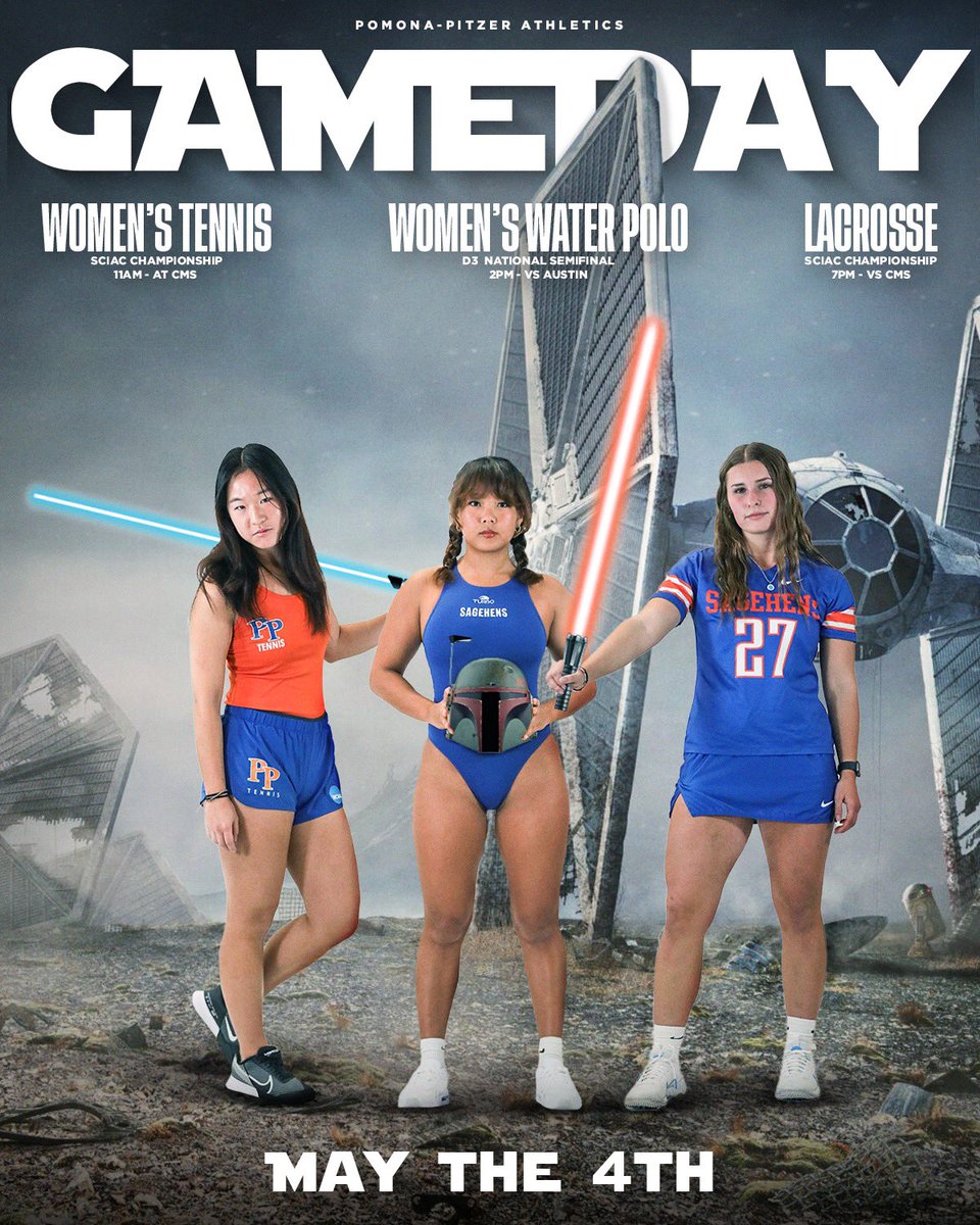 May the 4th be with you 💫

 It’s gameday in Claremont! #SagehensWTEN and #SagehensLAX battle for SCIAC Championships against the Athenas with #SagenensWWP taking on Austin in the D3 National Semifinal! #GoSagehens