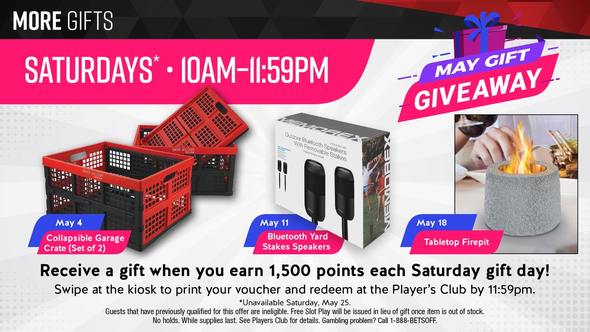 🎁  Saturday Gift Giveaway 🎁 

Earn 2,000 points on the day of the promotion to receive today's gift!  See you soon!
#MarkTwainCasino #GetRewarded #GiftGiving