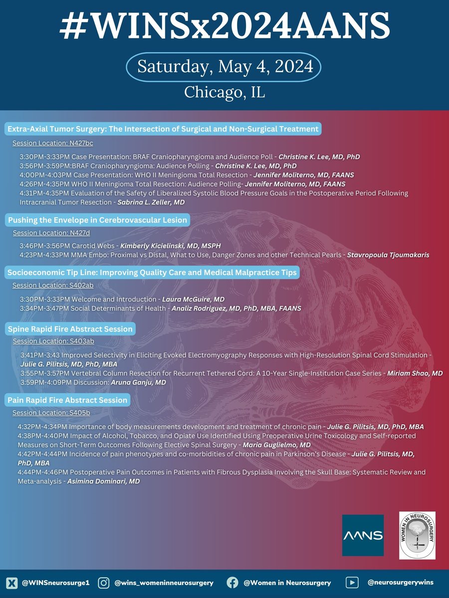 It's a busy Day 2 for #WINSxAANS2024 and so many incredible WINS speakers! What sessions are you attending? #WomenInNeurosurgery #AANS2024 #Research #AcademicMeeting #Chicago