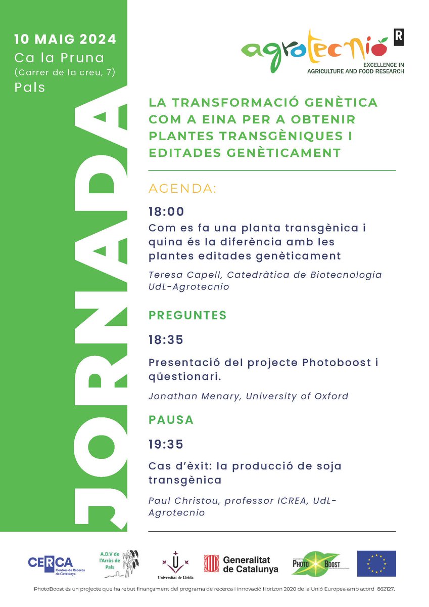 📡No us perdeu la jornada sobre plantes genètiques i editades genèticament que organitza @Agrotecnio el proper divendres a Pals! 📆Divendres 10 de maig a les 18:00 📍 Ca la Pruna (C/ de la Creu, 7), Pals (Girona) Inscripcions gratuïtes a través de 👉forms.gle/RV2Lai2woXvHk4…