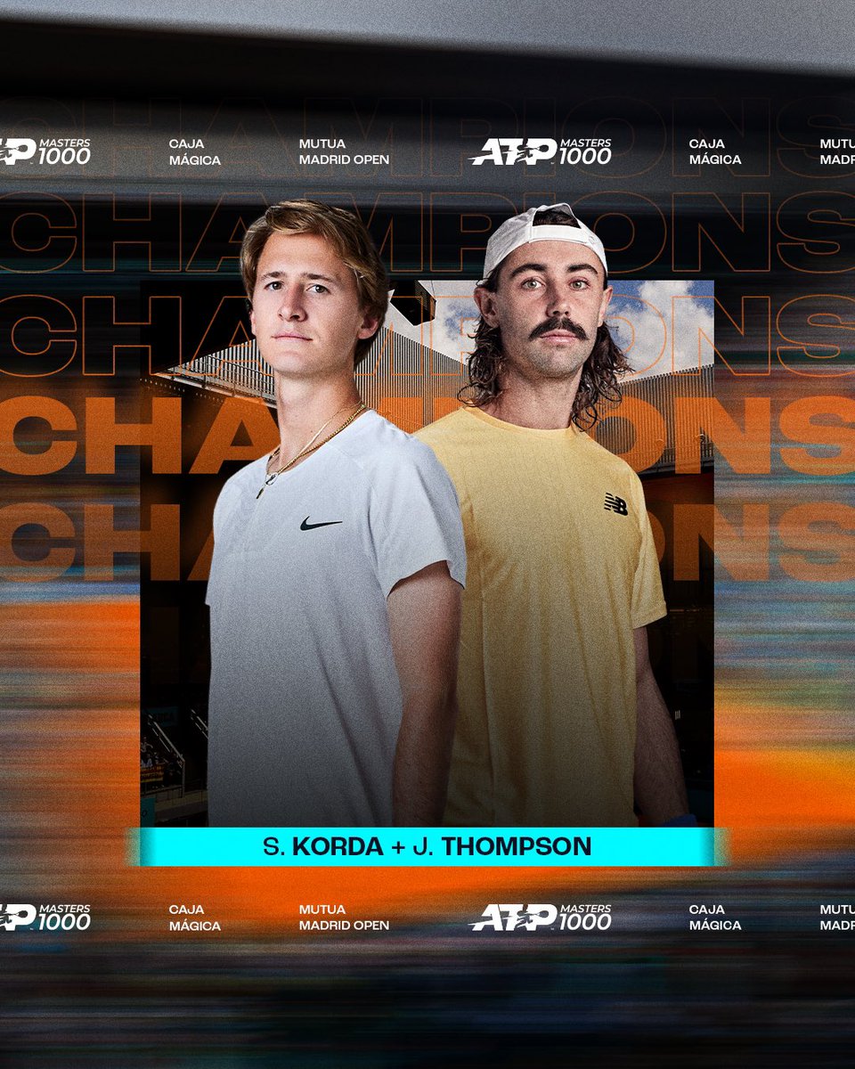 𝐔𝐍 𝐄𝐒𝐓𝐑𝐄𝐍𝐎 𝐈𝐍𝐌𝐄𝐉𝐎𝐑𝐀𝐁𝐋𝐄 🏆🏆

🇺🇸 @SebiKorda y 🇦🇺 @jordanthommmo2 se proclaman campeones del @MutuaMadridOpen en su debut como pareja.

#MMOPEN