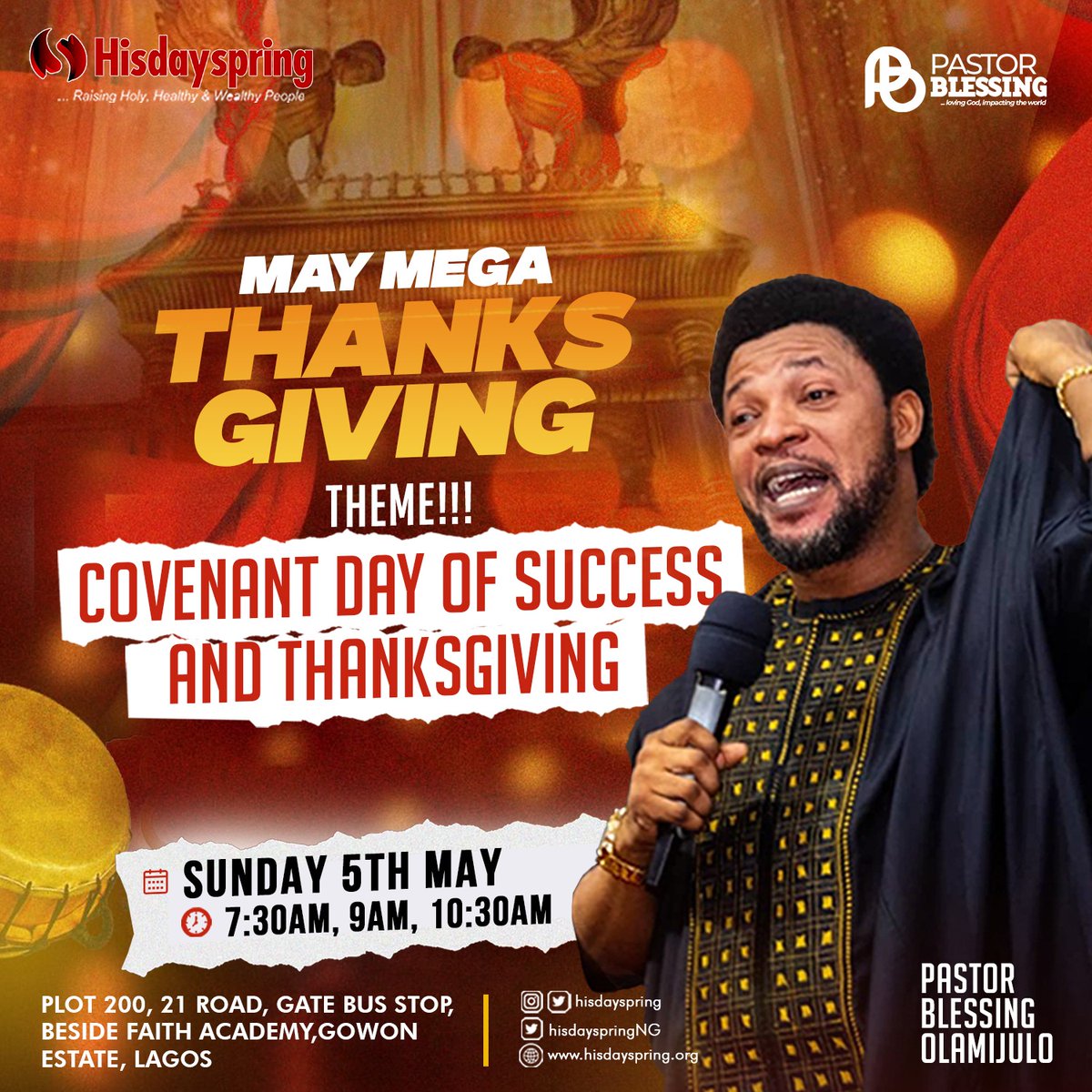 Get yourself ready for a Special time in God's presence tomorrow, for any/all of our 3 Mega #Thanksgiving Services. Theme: COVENANT DAY OF SUCCESS AND THANKSGIVING Ministering: @pastorblessingo See you in church. God bless us #sundayservice #PraiseJesus #JesusLovesYou