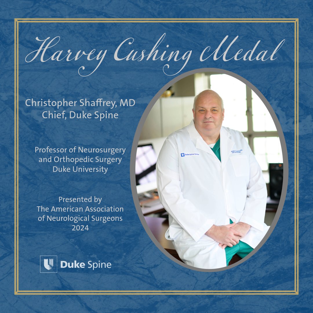 Christopher Shaffrey, MD, chief of @DukeSpine , has been awarded the Harvey Cushing Medal by the American Association of Neurological Surgeons at their annual meeting. The award is the highest that the AANS can bestow on a member. neurosurgery.duke.edu/news/shaffrey-… #DukeAtAANS #AANS2024