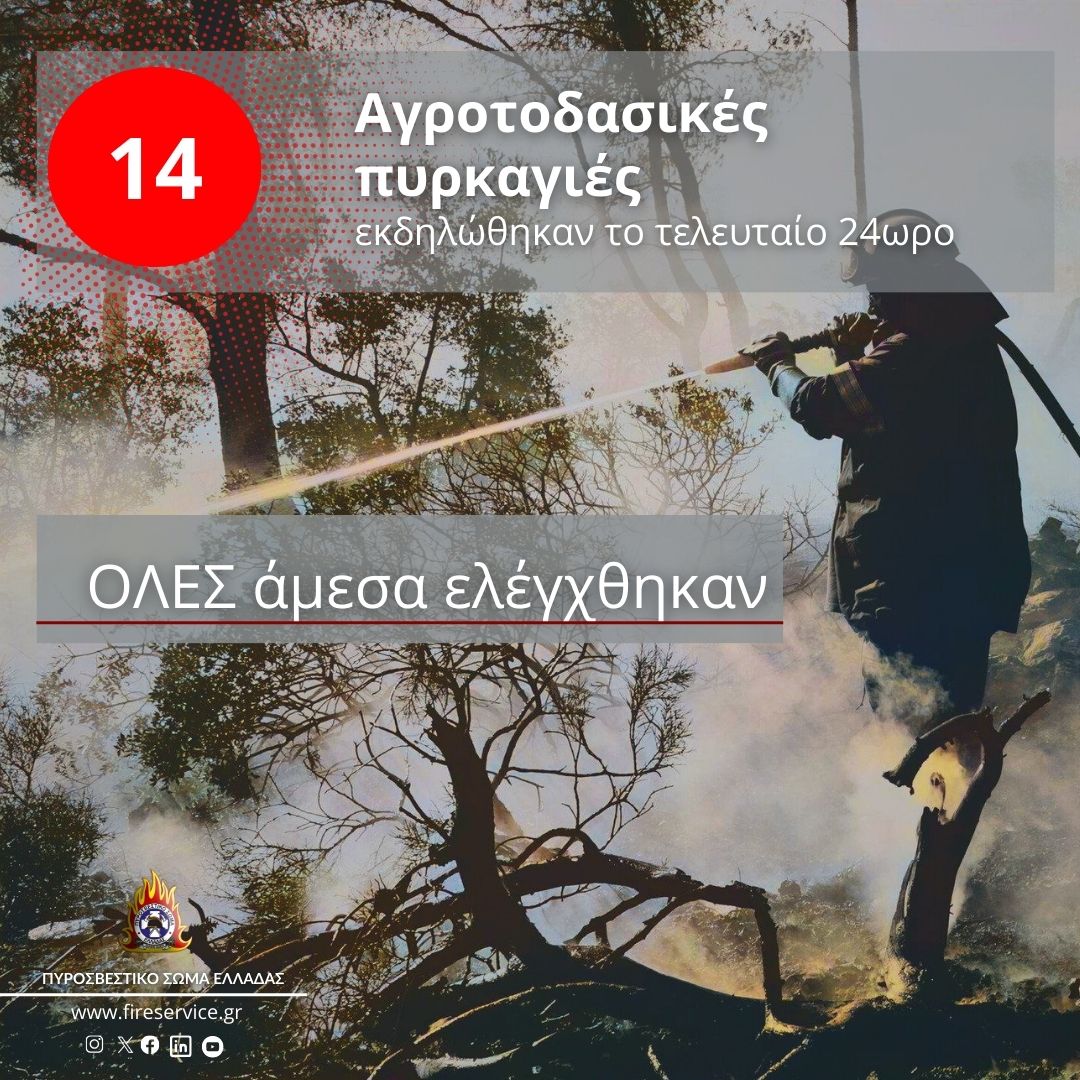 14 αγροτοδασικές #πυρκαγιές εκδηλώθηκαν το τελευταίο 24ωρο.
Σχετικό δελτίο τύπου:  tinyurl.com/yecxn8bp