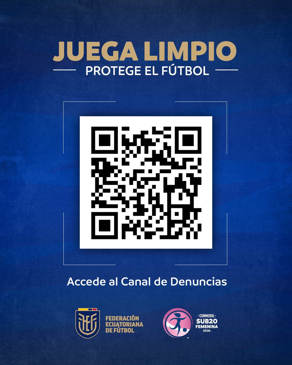 ¡Hay que proteger el fútbol! Mediante este código puedes acceder a denunciar cualquier irregularidad durante el desarrollo de la 𝗖𝗢𝗡𝗠𝗘𝗕𝗢𝗟 𝗦𝘂𝗯 𝟮𝟬 𝗙𝗲𝗺𝗲𝗻𝗶𝗻𝗮.